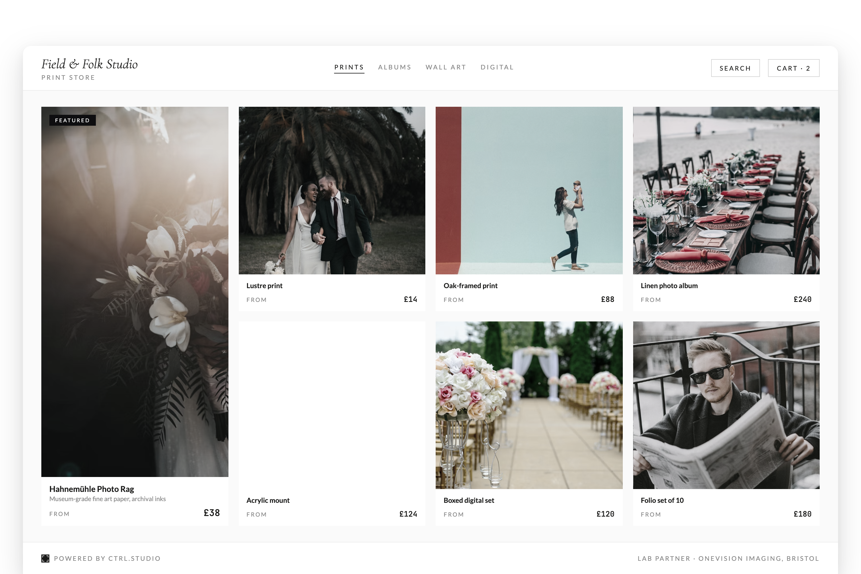ctrl.studio Store showing fine-art prints, albums and wall art with UK lab pricing.