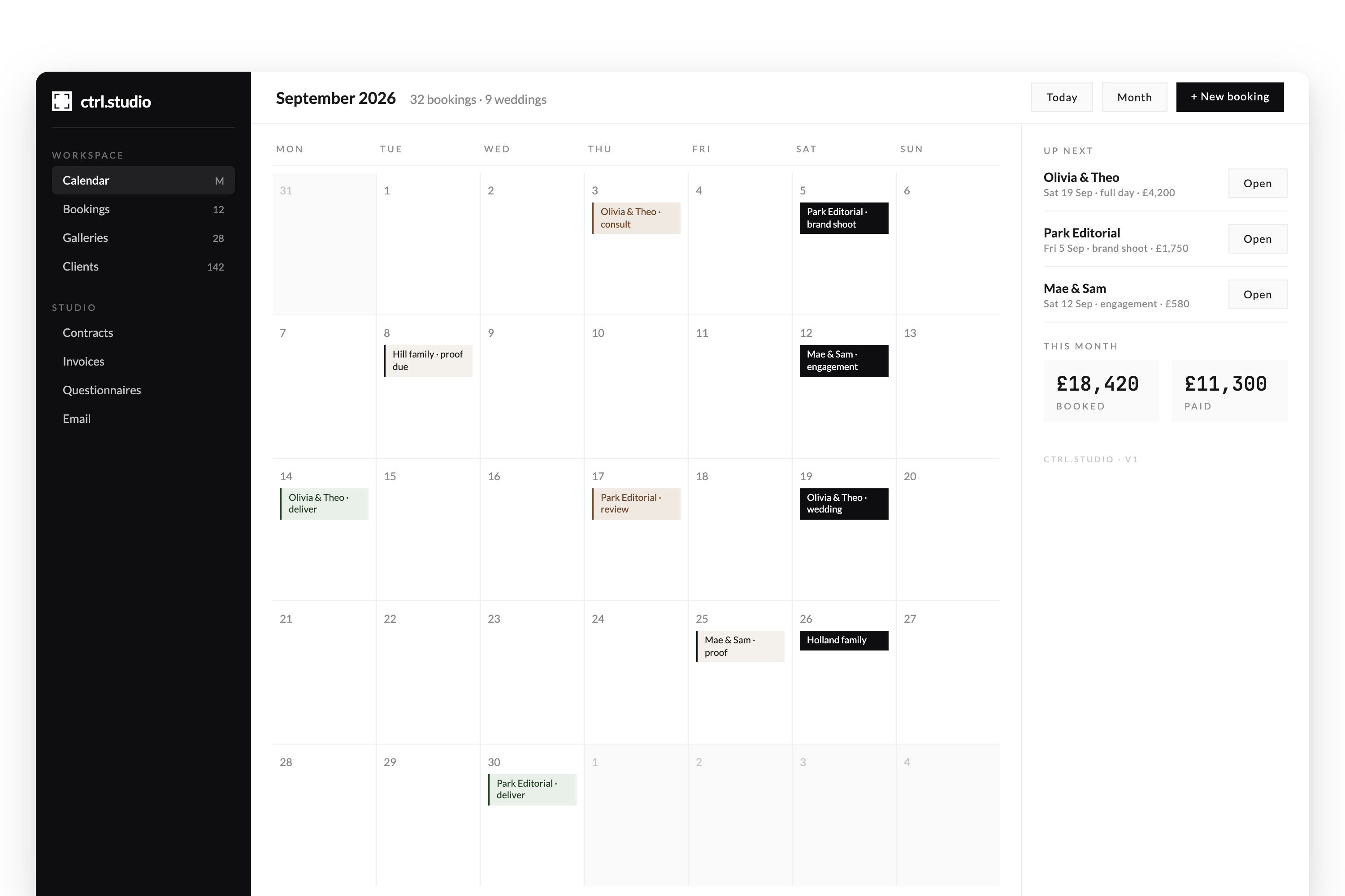 ctrl.studio Studio Manager calendar showing the month's bookings, weddings, proofs and deliveries.